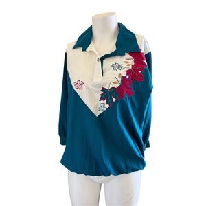 Bonnie Blair women’s vintage small to medium teal green white leaf pullover spor